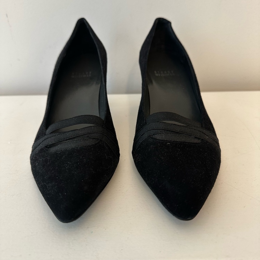 Stuart Weitzman Bandexsvelt Suede Ribbon Elastic Trim Pointed Kitten Heel Pump